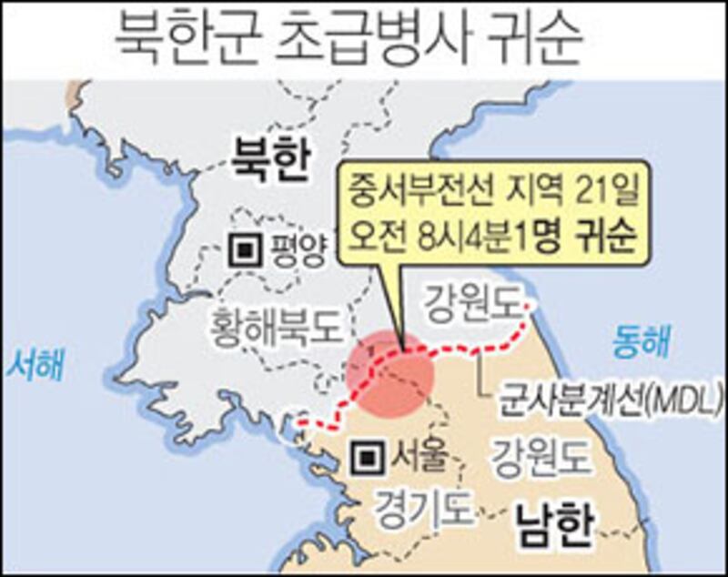 북한군 초급병사 중서부 전선 통해 귀순.
