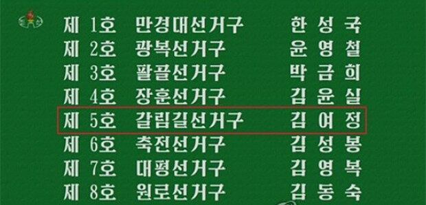 북한 중앙선거위원회가 지난 12일 발표한 제14기 최고인민회의 대의원 당선자 687명의 명단.이번 선거에서 김정은 국무위원장의 여동생 김여정 노동당 선전선동부 제1부부장은 '제5호 갈림길선거구'에 당선됐다. 