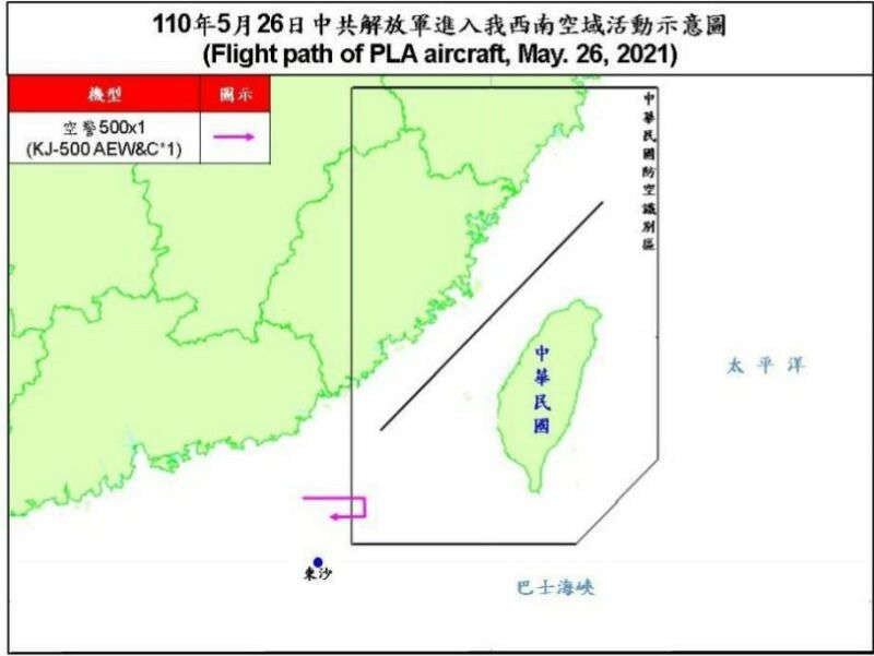国防部公布26日共机空警500扰台路线示意图。（图／国防部）