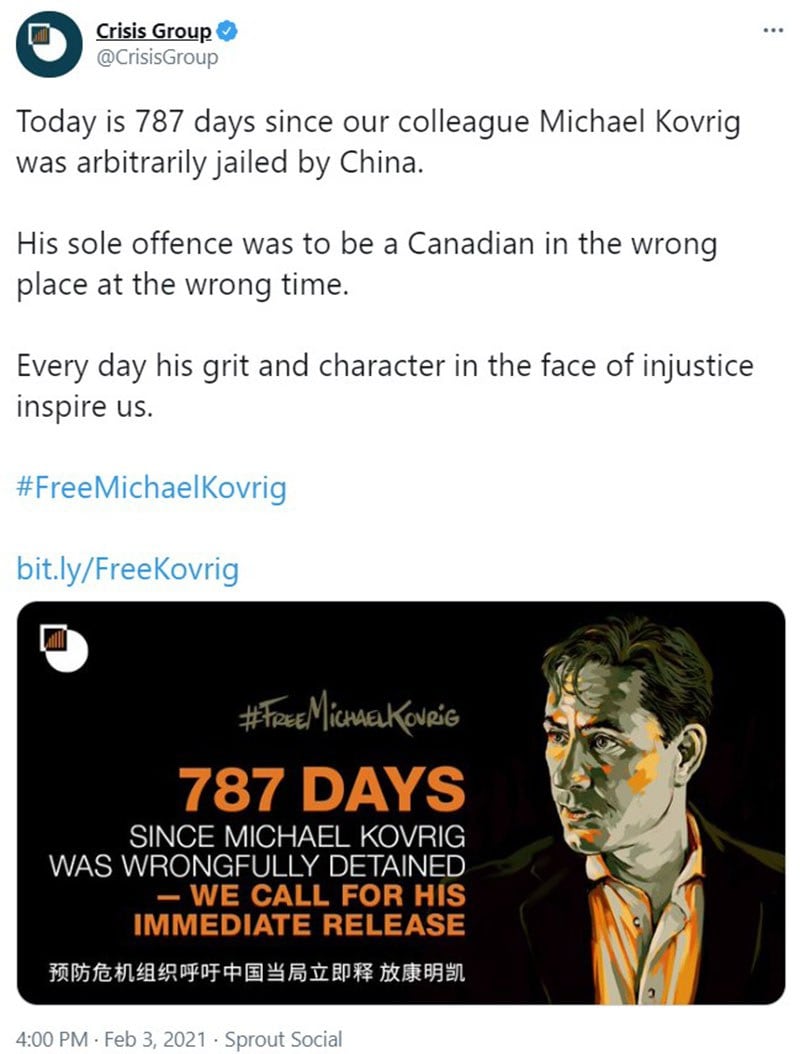 2月3日是康明凯生日,国际危机组织继续呼吁中国放人。(推特截图)