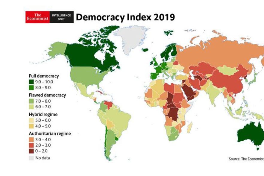 Hình minh họa. Bản đồ Chỉ số Dân chủ 2019 của The Economist