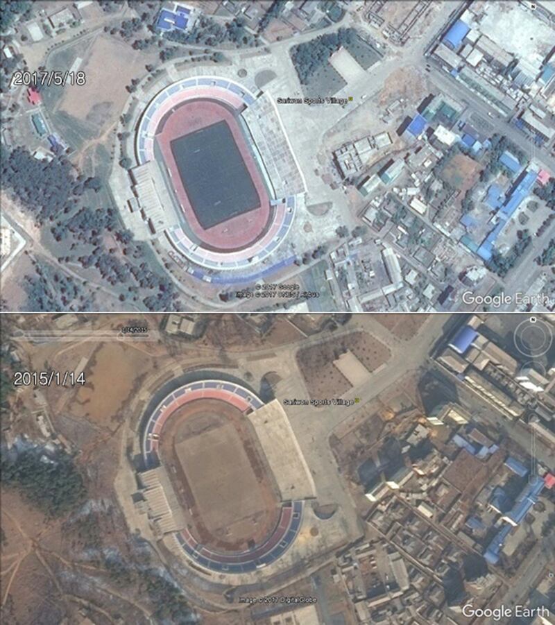 황해북도 사리원에 건설 중인 체육 단지. 