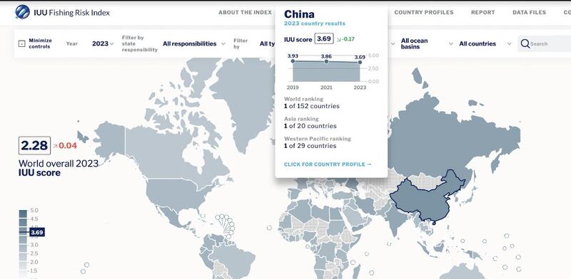 中国在全球非法渔业排行榜中名列最恶之首。（资料来源：IUU Fishing Risk Index）