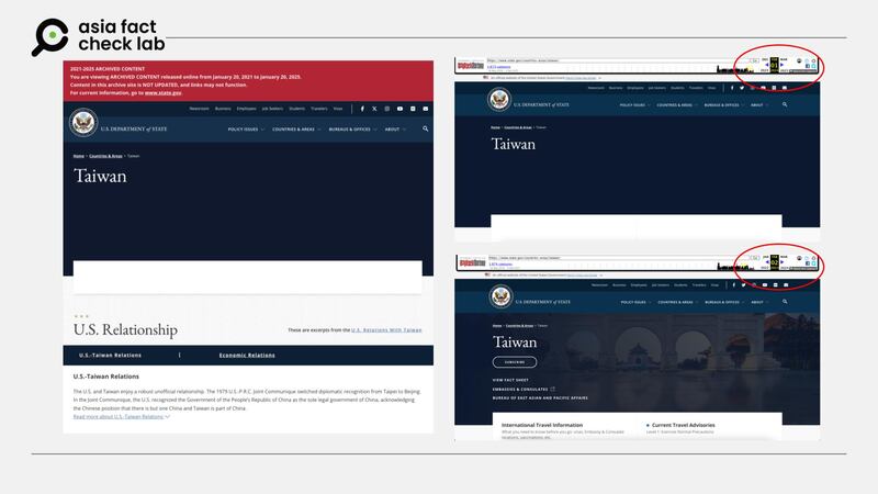 An archived version of the State Department’s page on Taiwan during the  Biden administration from February 2024 (left and top right) matches the department’s current information about the island. Slight changes were found in the archived site from February 2023 (bottom right).