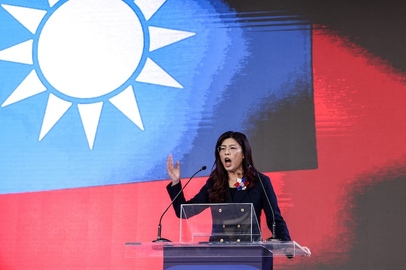 Newly elected opposition Kuomintang leader Cheng Li-wun delivers her speech during the party's National Congress in Taipei on Nov. 1, 2025.