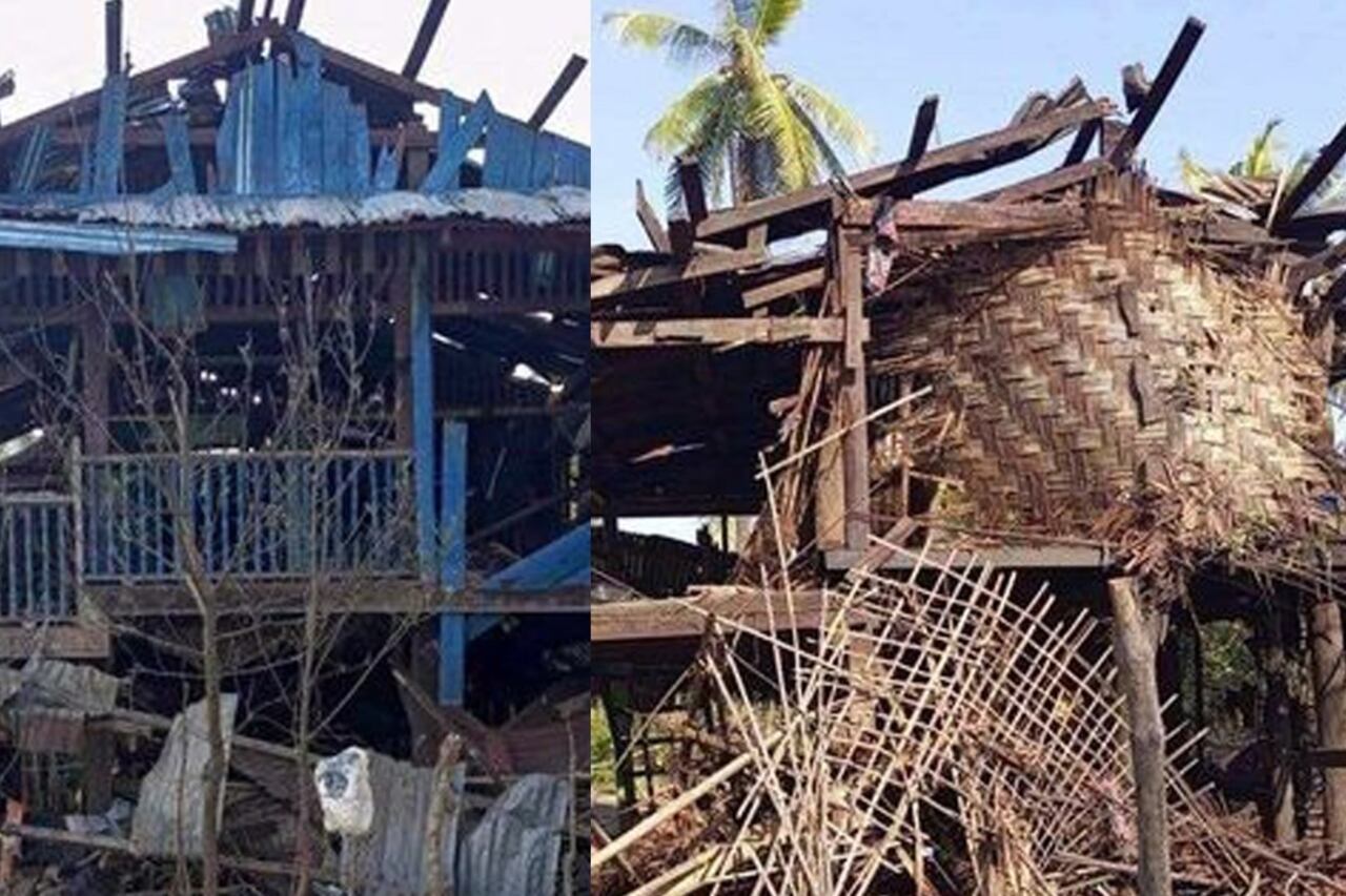 ကျောက်တော်မြို့နယ် ပီချောင်းဒေသတွင် စစ်ကောင်စီ၏ လေကြောင်းတိုက်ခိုက်မှုကြောင့် ပျက်စီးခဲ့သည့် နေအိမ်တချို့အား ၂၀၂၄ ခုနှစ်၊ ဇန်နဝါရီလ ၁၇ ရက်နေ့က တွေ့ရစဉ်။