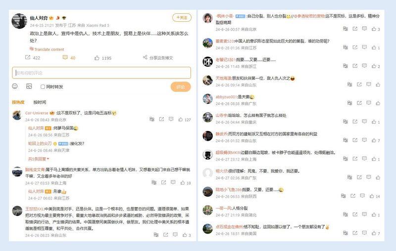 中国网民的相关评论（微博截图）