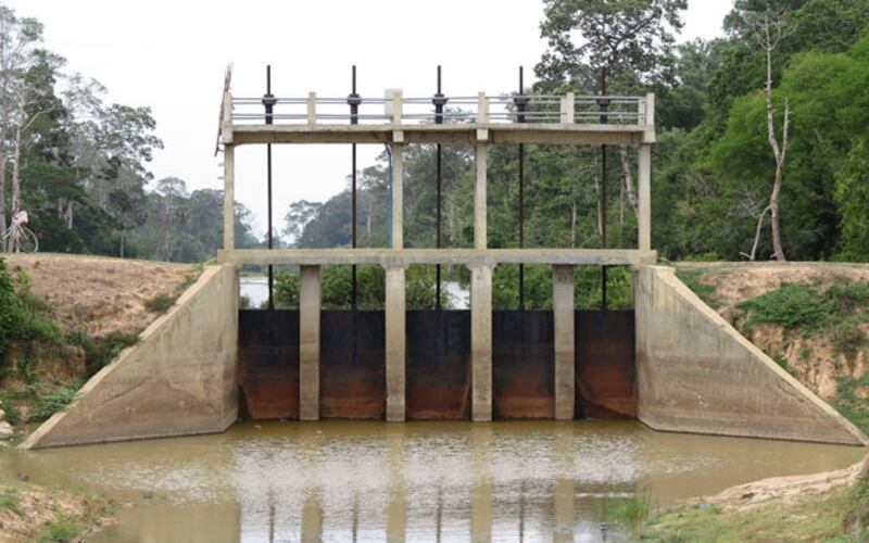 ទំនប់​ទឹក​នៅ​ក្នុង​តំបន់​បារាយណ៍​ខាង​លិច ដែល​បង្ហូរ​ទៅ​ចូល​បារាយណ៍​ទឹក​ថ្លា។ រូបថត​ថ្ងៃ​ទី​១០ ខែ​វិច្ឆិកា ឆ្នាំ​២០១៥