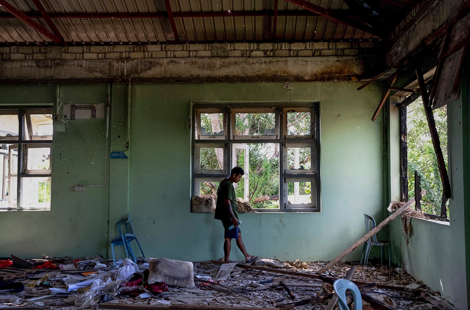 Debris litters the abandoned junta-run Mese police station in Kayah state, Myanmar, Oct. 26, 2024. It was overrun by rebels in June 2023.