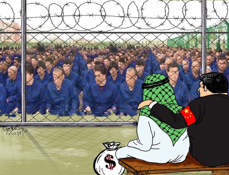 ئىسلام تەشكىلاتنىڭ خىتاينىڭ ئەرەب-ئىسلام ئەللىرى ۋە باشقا مۇسۇلمانلار جامائىتىگە يۇمشاق كۈچ ئىشلىتىشتە ئەڭ چوڭ رول ئويناۋاتقان ئورۇن ئىكەنلىكى توغرىسىدا ئىشلەنگەن كارتون. 2020-يىلى ئۆكتەبىر.