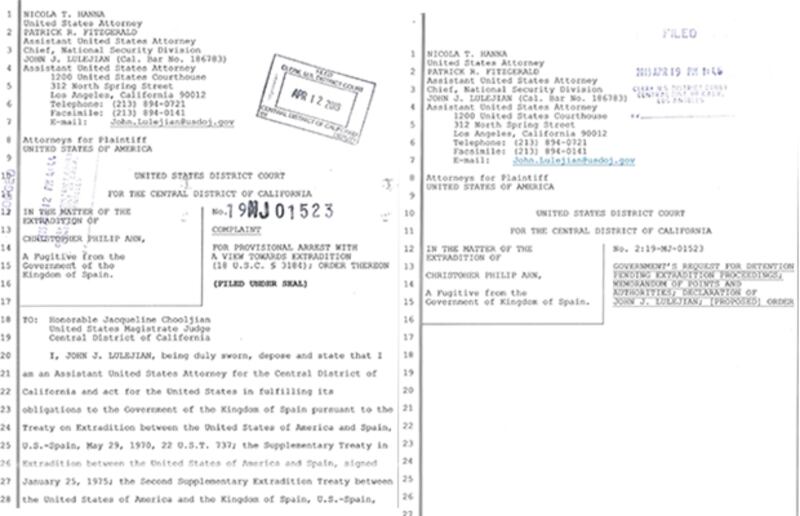 미국 법무부가 23일 공개한 미국 국적 크리스토퍼 안(38)의 ‘기소장과 체포영장'(Complaint and Arrest Warrant∙왼쪽 사진)과 ‘범죄인 인도송환 절차 중 구금 요청서'(Request for detention pending extradition proceedings∙오른쪽 사진).