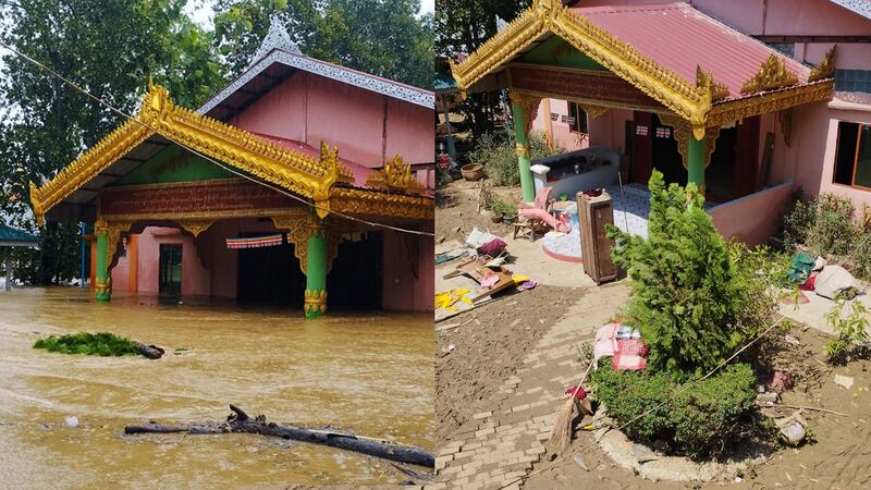 မကွေးတိုင်း၊ စလင်းမြို့နယ်အတွင်း မိုခါဆိုင်ကလုန်းမုန်တိုင်းဝင်ချိန် စလင်းချောင်းရေလျှံစဉ် (ဝဲဘက်) နှင့် ရေကျအပြီး (ယာဘက်) အခြေအနေအား တွေ့ရစဉ်။ (ဓာတ်ပုံ - ဦးသောဘိတ - ကညှပ်အု၌ကျောင်း၊ စလင်းမြိုနယ်)