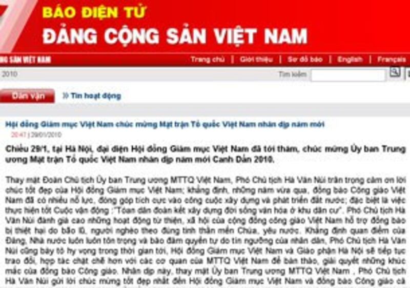 Hình bài báo “Hội Ðồng Giám Mục Việt Nam chúc Tết Mặt trận Tổ quốc” đăng tải hôm 29 tháng 1 trên báo điện tử của Đảng CSVN. Hình RFA chụp từ website.