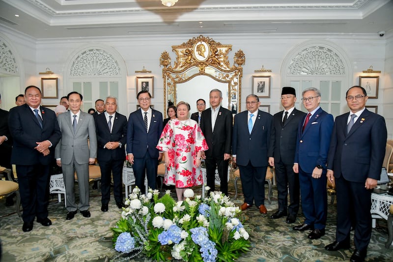 East Timor's Foreign Minister Bendito dos Santos Freitas, Vietnam's Foreign Minister Le Hoai Trung, Malaysia's Chief Secretary Shamsul Azri Abu Bakar, Thailand's Foreign Minister Sihasak Phuangketkeow, Philippines' Foreign Minister Tess Lazaro, Singapore's Foreign Minister Vivian Balakrishnan, Brunei's Second Minister of Foreign Affairs Erywan Yusof, Indonesia's Foreign Minister Sugiono, Laos' Foreign Minister Thongsavanh Phomvihane and Myanmar's Foreign Minister Tin Maung Swe pose for a photo during an informal meeting with ASEAN Foreign Ministers in Bangkok, July 12, 2026.