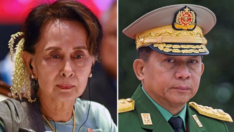 This combination of file photos shows Myanmar State Counselor Aung San Suu Kyi (L) at the 35th ASEAN Summit in Bangkok, Thailand, on Nov. 4, 2019, and Myanmar military chief Senior General Min Aung Hlaing at the 71th anniversary of Martyrs' Day in Yangon, Myanmar, on July 19, 2018.