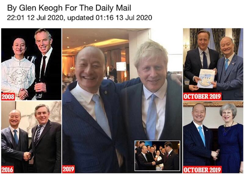 英國《每日郵報》公開胡智榮先後與五位英國首相的合照;但幾位首相否認認識胡智榮。(英國《每日郵報》報導截圖)