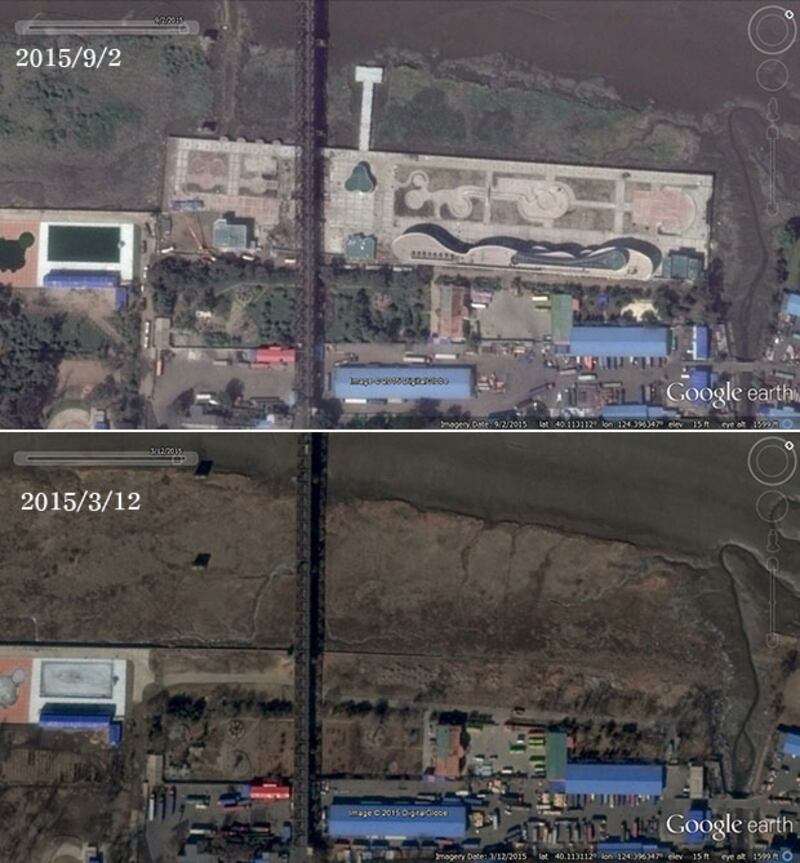 북한 평안북도 신의주시 압록강변에 새로 건설된 휴양시설(2015년 9월 2일 촬영). 중국 단둥을 바라보며 북중친선대교 밑에 지어진 이 휴양시설은 중국인 관광객을 대상으로 지어진 것으로 보인다. 아래 사진은 2015년 3월 12일 촬영한 사진. 사진-구글 어스 캡쳐/커티스 멜빈 제공