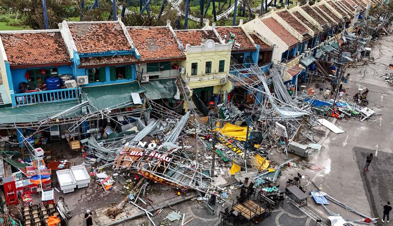 This aerial picture shows damaged buildings and debris on a street after Typhoon Yagi hit Ha Long, in Quang Ninh province, on Sept. 8, 2024. Nhac Nguyen/AFP