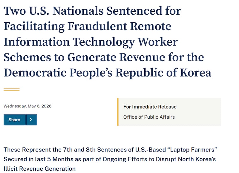 미 법무부가 북한 IT 인력의 불법 원격 취업을 지원한 미국인 2명에 대한 징역형 선고 사실을 담은 보도자료