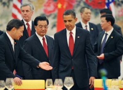 Chủ tịch Hồ Cẩm Đào chính thức thăm viếng Hoa Kỳ, bên phải là tổng thống Mỹ Obama. AFP