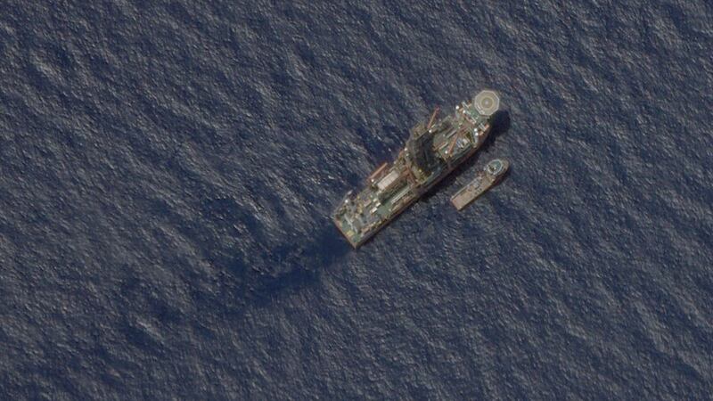 Satellite image of the Malaysian-contracted drillship West Capella in the South China Sea, accompanied by the Executive Stride, a resupply vessel, April 22, 2020. 