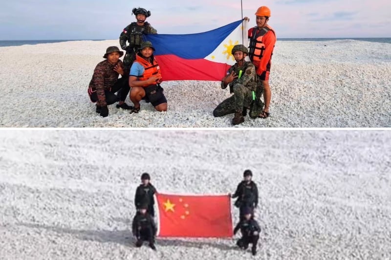 Philippines Coast Guard personnel unfurl a flag on a disputed isle in the South China Sea on April 27, 2025, top, following Chinese state media reporting that the Chinese Coast Guard had landed on the sandbank two weeks earlier.