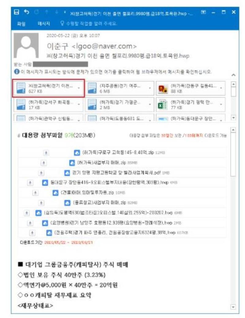 북한 추정 공격자가 '※(창고허득)경기 이천 율면 월포리.9980평.급18억.토목완.hwp' 한글 문서 파일 등 다수의 파일을 전자우편에 첨부해 수신자를 현혹한 스피어 피싱 이메일 화면.