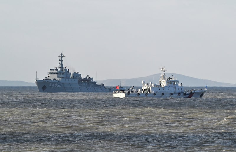 Chinese ships patrol during military drills on Pingtan island, the closest point to Taiwan, Dec. 30, 2025.