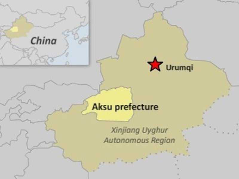The map shows Aksu prefecture in northwestern China's Xinjiang region.