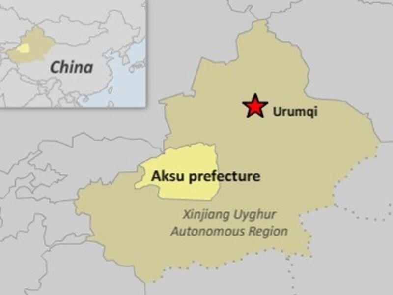 The map shows Aksu prefecture in northwestern China's Xinjiang region.