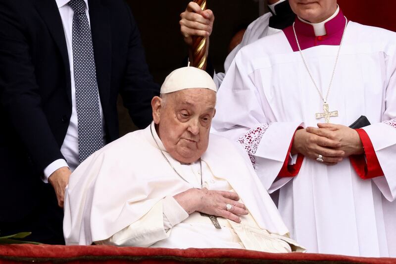 Pope Francis appears on a balcony on the day the "Urbi et Orbi" (to the city and to the world) message is delivered, at St. Peter's Square, on Easter Sunday, in the Vatican, April 20, 2025. REUTERS/Yara Nardi