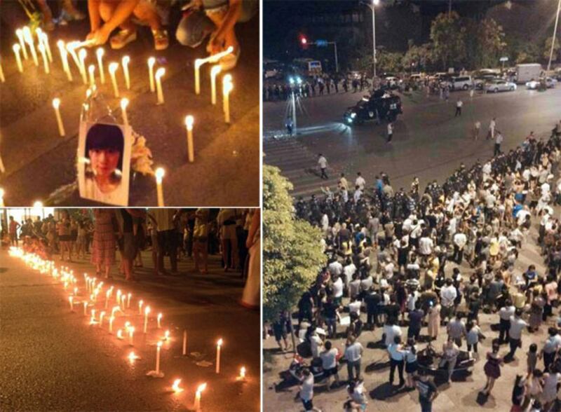 2013年9月16和17日,一名女學生與家人過馬路時被渣土車撞死後,四、五百名市民,走出案發馬路上點燃蜡烛悼念。由於人數太多,造成交通擠塞,上百警員到場維持秩序。(當地居民攝)