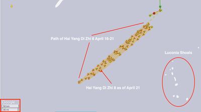 Đồ họa hiển thị đường di chuyển của tàu khảo sát Hải Dương Địa chất số 8 từ khi có mặt tại vùng biển của Malaysia ngày 6/4 