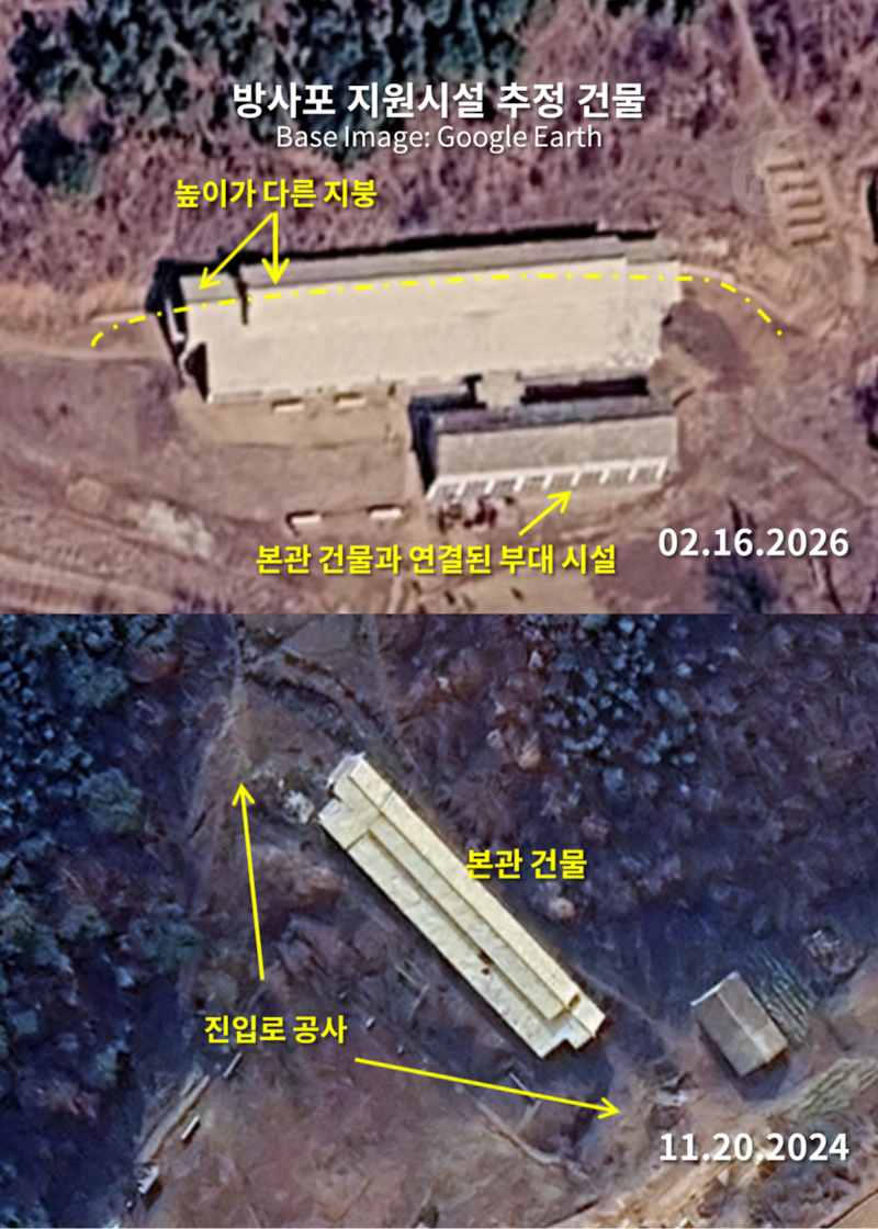 방사포 지원 시설로 추정되는 21개 건물에서 공통으로 높이가 다른 지붕 구조와 차량 진입로를 확인할 수 있다. Analyzed by Jacob Bogle