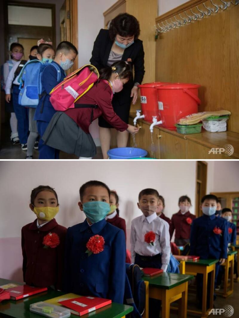 3일 개학한 평양의 한 소학교에서 마스크를 착용하고 등교하는 북한 어린이들의 모습.