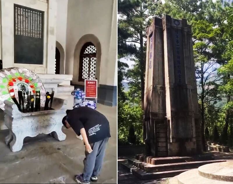 左图：一位初中三年级学生向抗日将士排位鞠躬。（志愿者提供） 右图：民国政府时期建立的抗日阵亡将领纪念碑，因年久失修，外表残旧。（志愿者提供）
