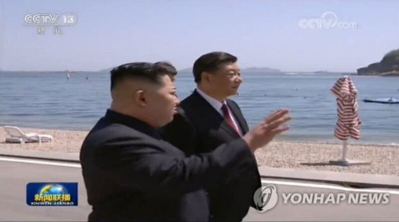 资料图片：朝鲜领导人金正恩与中国领导人习近平在大连棒槌岛会晤（韩联社/中央电视台《新闻联播》截图）