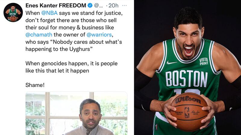 美國NBA球星坎特（Enes Kanter）在推特上發文斥責帕里哈皮蒂亞言論可恥。 （坎特推特）