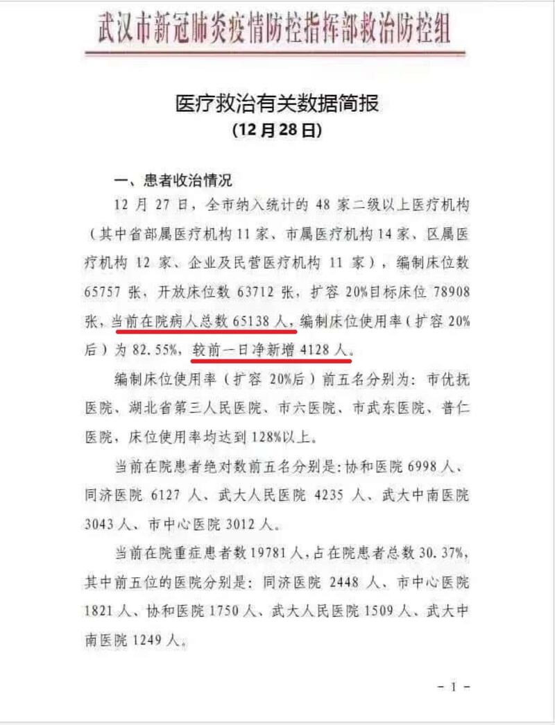 武漢官方內部通報的疫情資料。但醫生指出,因醫療擠兌導致大批重症感染者無法入院,中國的實際感染人數缺乏基本的統計。(知情人提供)