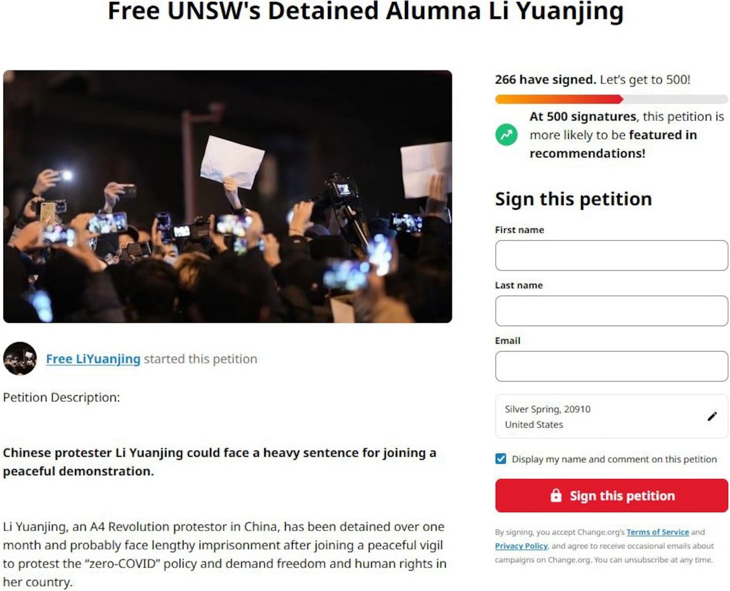 Students from the University of New South Wales in Australia have launched a petition on Change.org calling on their university to speak out for the release of alumna Li Yuanjing, who has been detained for more than a month. Credit: RFA screenshot