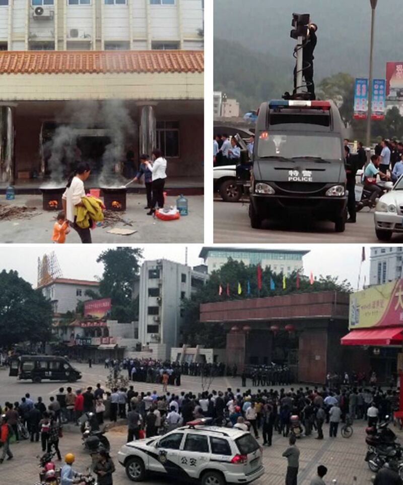 11月4日，仁化縣大批岩頭村村民在縣府聚集，抗議當局強行在岩頭村修建垃圾填埋場。當局派出大批特警到場，特警在場廣播要求村民立即離開。岩頭村村民一度佔領縣府大樓，並在大樓外燒柴生火煮食。（村民賴女士提供）