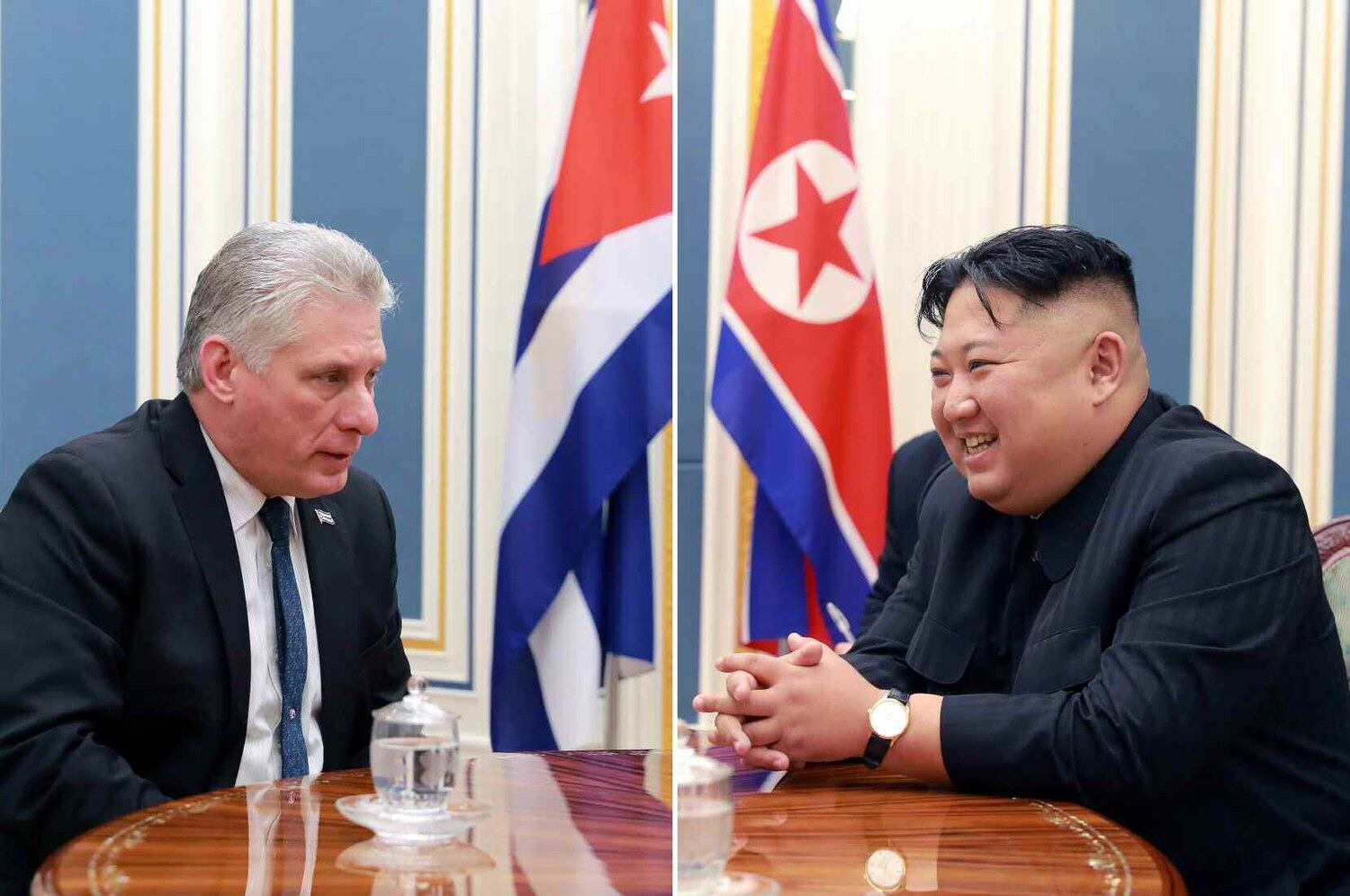 2018년 11월 북한을 방문한 미겔 디아스카넬(왼쪽) 쿠바 대통령이 김정은 국무위원장과 대화하고 있는 모습.