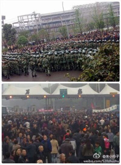 图片:重庆万盛区万人骚乱 上千武警用催泪弹镇压,解放军出动。 (中国茉莉花革命网)