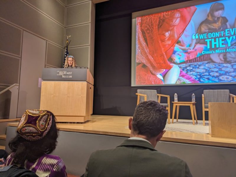 Naomi Kikoler gives opening remarks at an event on China's mass atrocities against Uyghurs in Xinjiang, at the United States Holocaust Memorial Museum in Washington, D.C., March 22, 2024.