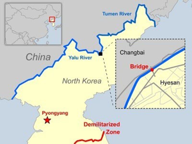 A map showing the location of the Hyesan-Changbai bridge along the Yalu River. Image credit: RFA.