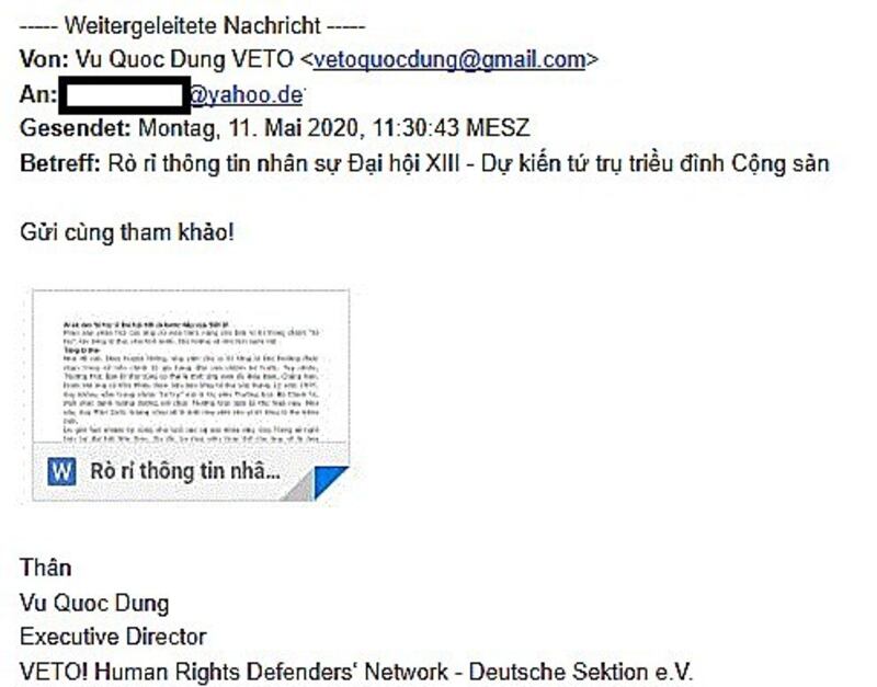 Email giả mạo danh tính của ông Vũ Quốc Dụng, Giám đốc mạng lưới nhân quyền VETO