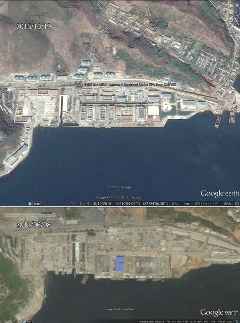 해군 제597부대 산하 ‘10월 3일 공장'의 변화. 현대화를 지시한 김정은 제1위원장의 시찰 이후 이전 건물을 모두 철거하고 아파트, 행정시설, 공장, 부두 등 모든 시설을 새로 짓고 있다. 사진-구글 어스 캡쳐/커티스 멜빈 제공
