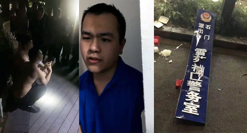 左图：两名被俘黑衣人被去除上衣，蹲在地上遭愤怒的业主大声指骂。 中图：一名被俘黑衣人被业主逼在墙角，去除了黑衣，并向业主表示自己“就是兼职”、“想赚点儿零花钱”。 右图：被业主砸毁的警务室牌匾。（小区业主提供）