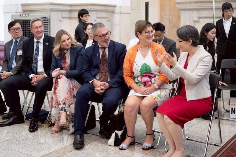 From right to left, Taiwan's Vice President Hsiao Bi-khim, speaking with New Zealand lawmakers Maureen Pugh, Duncan Webb, Laura McClure and David Wilson at the Presidential Office in Taipei, May 7, 2026.
