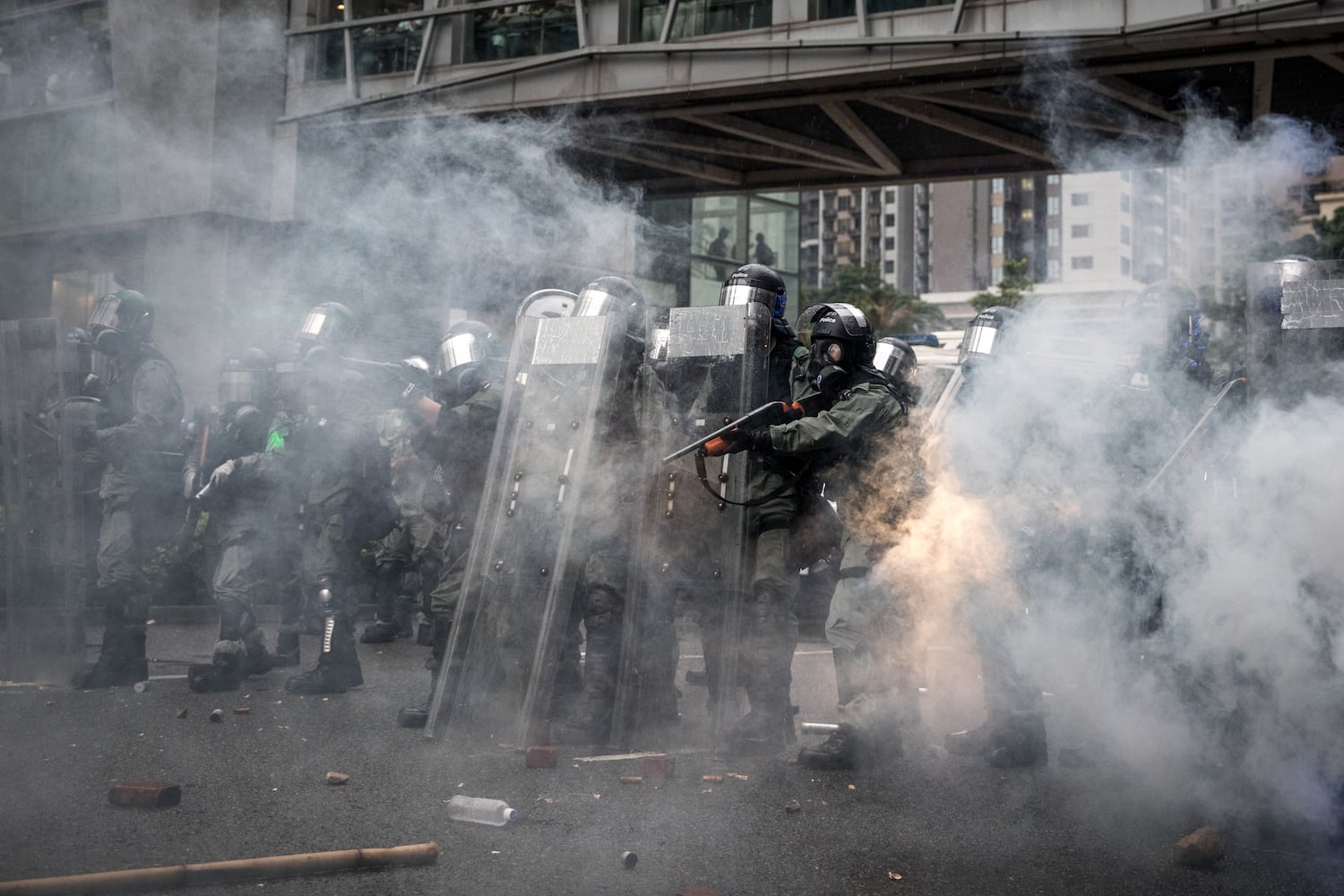 Police fire tear gas at protesters during clashes after an anti-government rally in Tsuen Wan district on August 25, 2019 in Hong Kong.